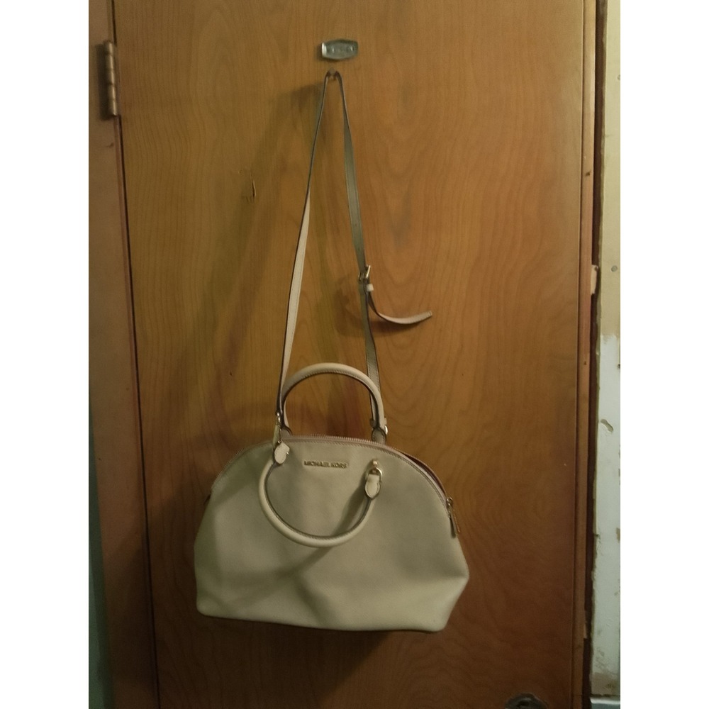 Michael Kors Cindy Large Leatherโ Done Satchel In Beige Leather 14" X 9"